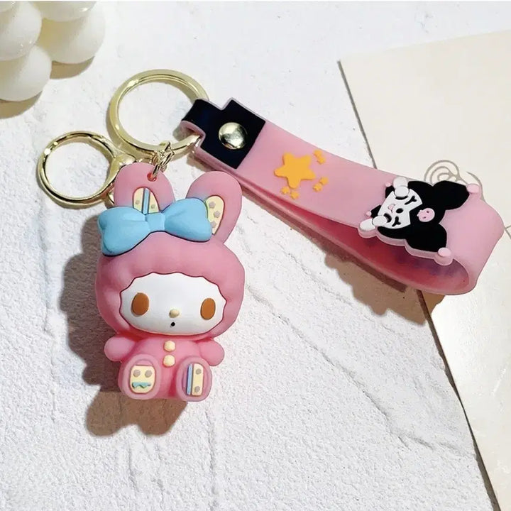 [BUNJANG] Sanrio My Melody &amp; Kuromi Rabbit Costume Strap Keychain (Pink) / 산리오 마이멜로디 키링 핑크 쿠로미 토끼 코스튬 스트랩 키링 마멜