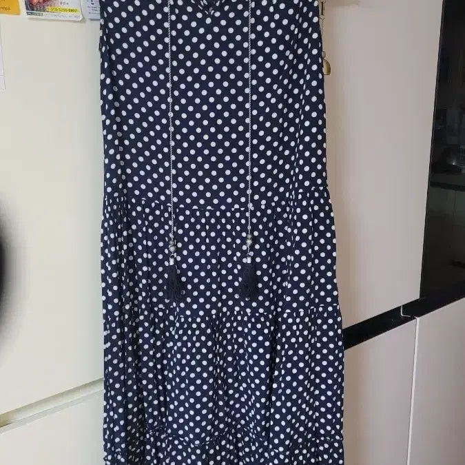 [BUNJANG] Navy White Polka Dot Long Dress with Tie Detail / 라인 원피스