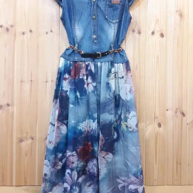 [BUNJANG] Denim Chiffon Floral Long Dress / * 데님 쉬폰 플라워 롱 원피스    ( 새 상 품)