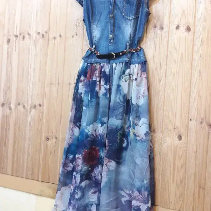[BUNJANG] Denim Chiffon Floral Long Dress / * 데님 쉬폰 플라워 롱 원피스    ( 새 상 품)