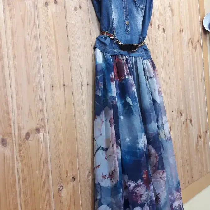 [BUNJANG] Denim Chiffon Floral Long Dress / * 데님 쉬폰 플라워 롱 원피스    ( 새 상 품)