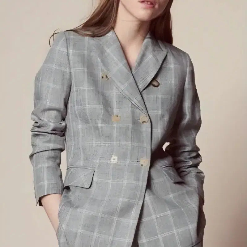 [BUNJANG] Sandro Linen Check Double Setup Set (Irene Wear) / (55사이즈)거의새상품/산드로 린넨 체크 더블 셋업(아이린착용)