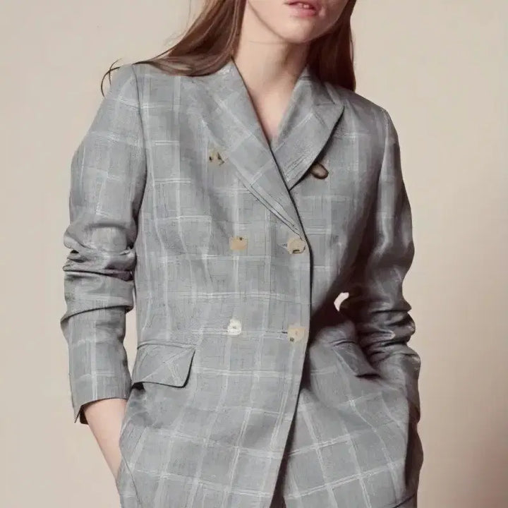 [BUNJANG] Sandro Linen Check Double Setup Set (Irene Wear) / (55사이즈)거의새상품/산드로 린넨 체크 더블 셋업(아이린착용)