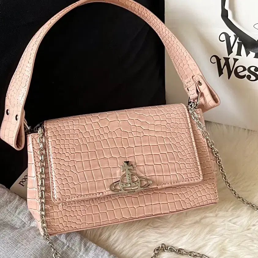 [BUNJANG] Vivienne Westwood Pink Crocodile Leather Shoulder Bag / 비비안웨스트우드 클러치백 숄더백 핑크 악어가죽 은장