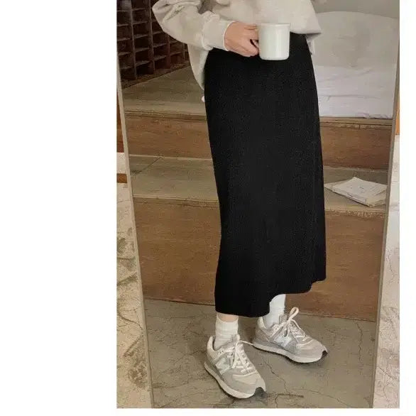 [BUNJANG] Hotping Ribbed Knit Banding Long Skirt (Black) / 핫핑 골지니트 밴딩 롱스커트 (블랙, 검정)