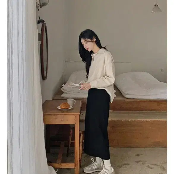 [BUNJANG] Hotping Ribbed Knit Banding Long Skirt (Black) / 핫핑 골지니트 밴딩 롱스커트 (블랙, 검정)