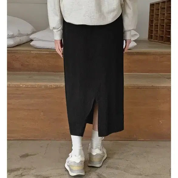 [BUNJANG] Hotping Ribbed Knit Banding Long Skirt (Black) / 핫핑 골지니트 밴딩 롱스커트 (블랙, 검정)