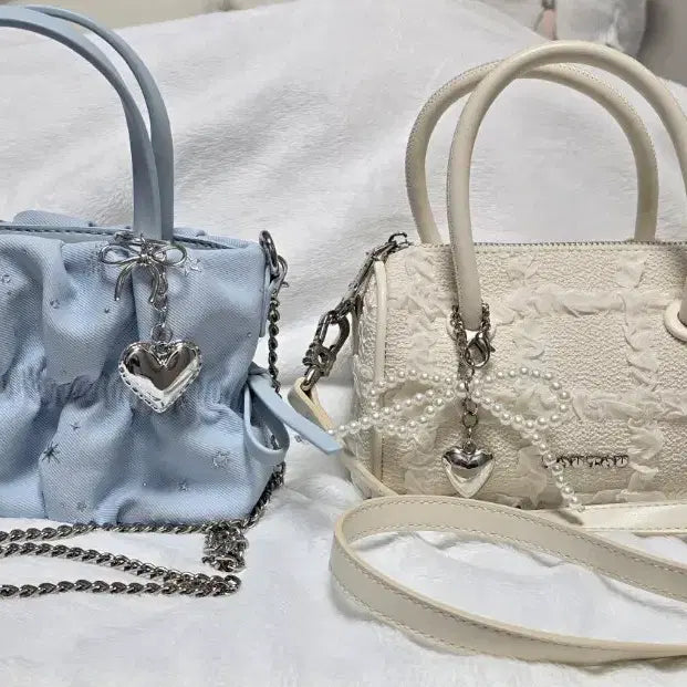 [BUNJANG] Bundle Set: White Lace &amp; Sky Blue Shirring Mini Tote/Crossbody Bags / 미니백 2종 일괄 토트/크로스 가능 감성 서브백 일괄