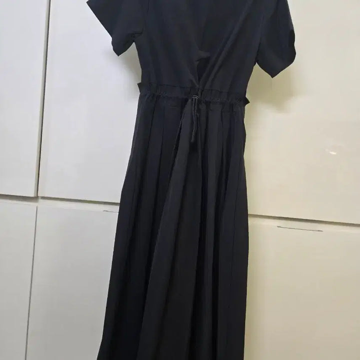[BUNJANG] Black Long Sleeve Dress with Waist String / 블랙 롱 원피스 허리 스트링 반팔