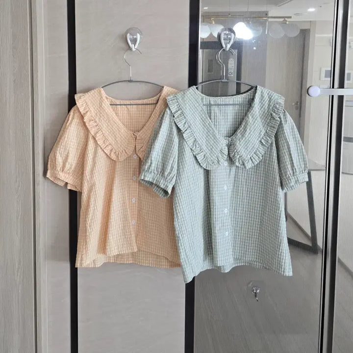 [BUNJANG] Check Pattern Blouse Set (Peach/Khaki) / 블라우스세트 성인S/주니어150-160쯤