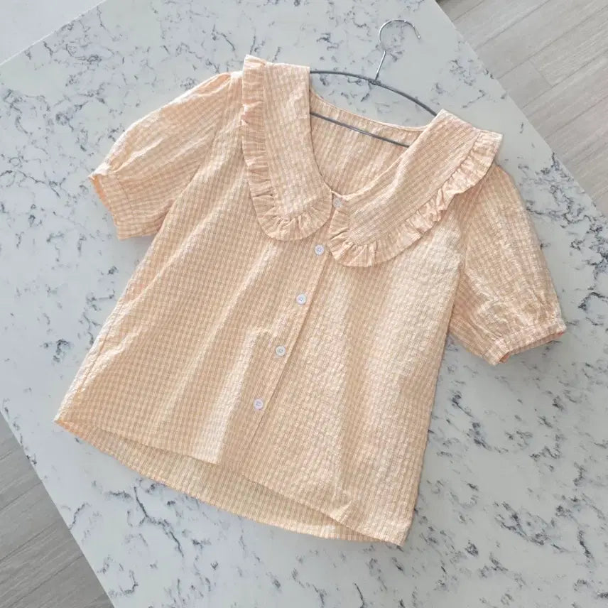 [BUNJANG] Check Pattern Blouse Set (Peach/Khaki) / 블라우스세트 성인S/주니어150-160쯤