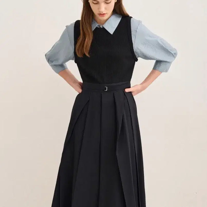 [BUNJANG] SJSJ Textured Belted Pleated Dress / 한섬 SJSJ 텍스처 블록 벨티드 플리츠 드레스 원피스