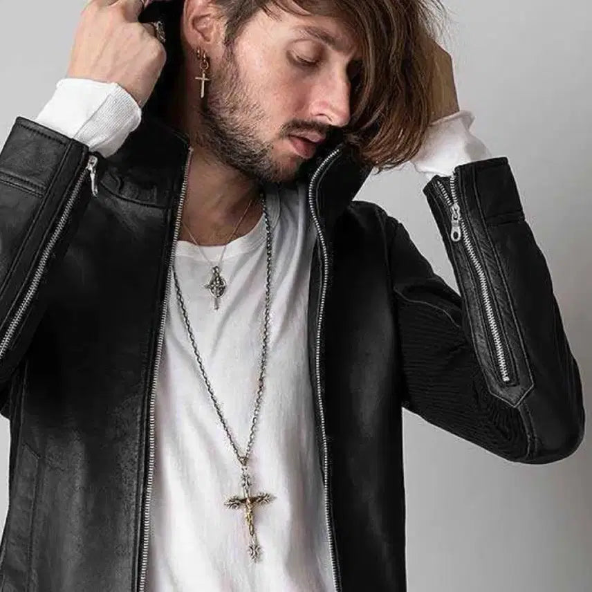 [BUNJANG] NO ID Lambskin High-neck Hooded Leather Jacket / NO ID 램스킨 하이넥 후디드 레더자켓