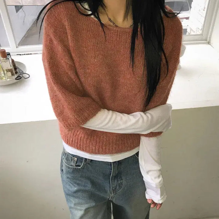[BUNJANG] Loopon Bottie Half Wool Knit 7-Part Short Sleeve / 루프온 보티 하프 울 니트 7부 반팔