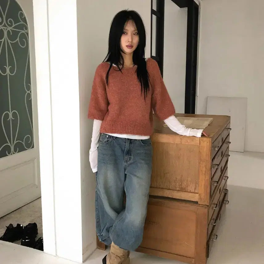 [BUNJANG] Loopon Bottie Half Wool Knit 7-Part Short Sleeve / 루프온 보티 하프 울 니트 7부 반팔
