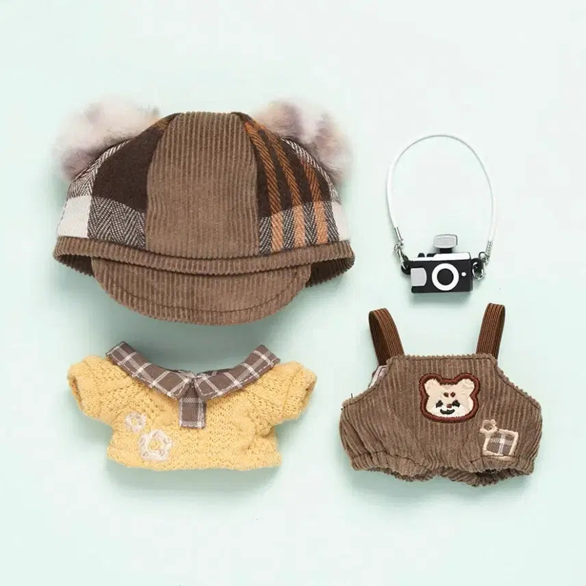 [BUNJANG] 10cm Doll Clothes Fall Photo Bear Beret Set - Brown / 10cm 인형옷 솜인형옷 누이 의상 세트 가을 사진 곰 베레모 브라운