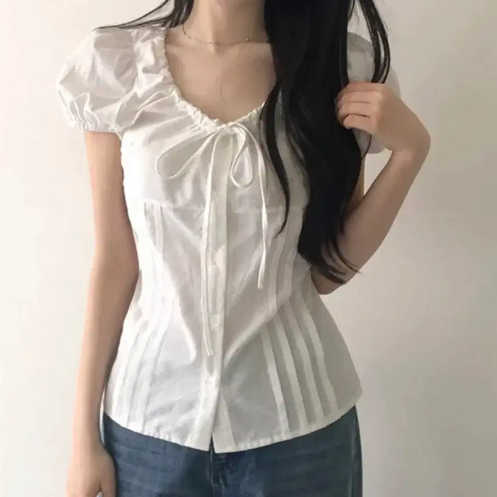 [BUNJANG] White Ribbon Puff Pintuck Blouse / 화이트 리본 퍼프 핀턱 블라우스