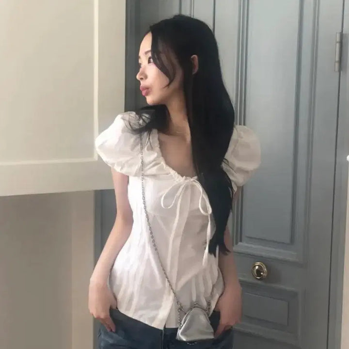 [BUNJANG] White Ribbon Puff Pintuck Blouse / 화이트 리본 퍼프 핀턱 블라우스
