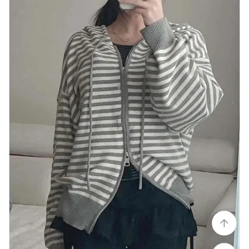 [BUNJANG] Stripe Hooded Zip-Up Cardigan / 스트라이프 후드 집업 가디건