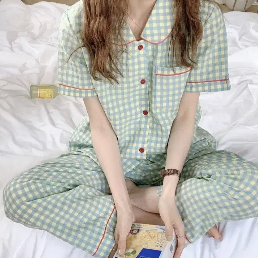 [BUNJANG] Mint Check 3-Piece Pajama Set / 민트 체크 3종세트 잠옷