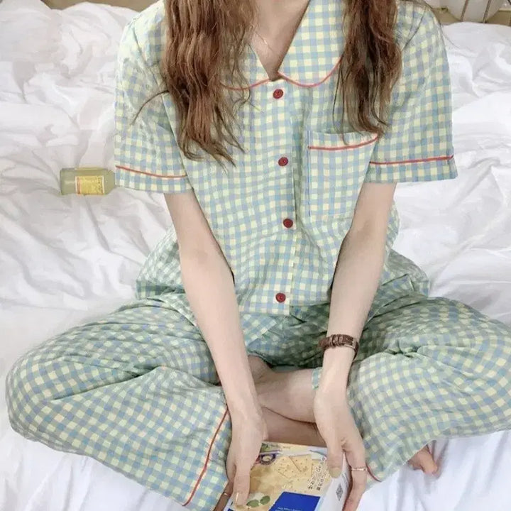 [BUNJANG] Mint Check 3-Piece Pajama Set / 민트 체크 3종세트 잠옷