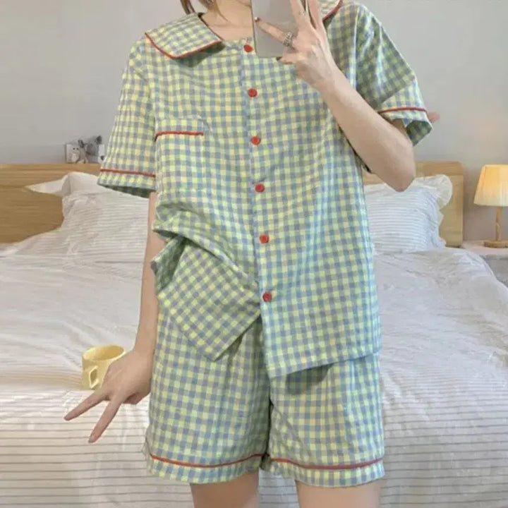 [BUNJANG] Mint Check 3-Piece Pajama Set / 민트 체크 3종세트 잠옷