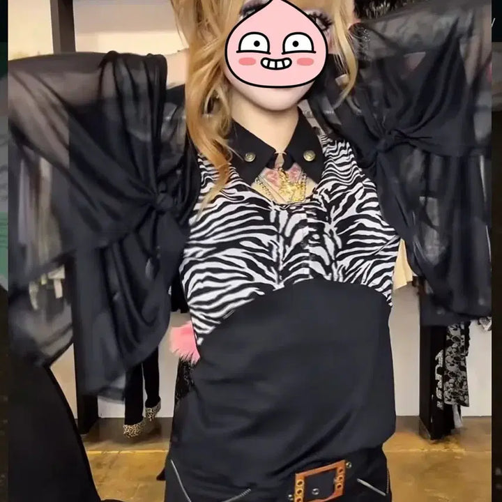 [BUNJANG] Zebra Pattern Black See-Through Long Sleeve Top / 지브라 패턴 블랙 시스루 롱슬리브 갸루 오네갸루