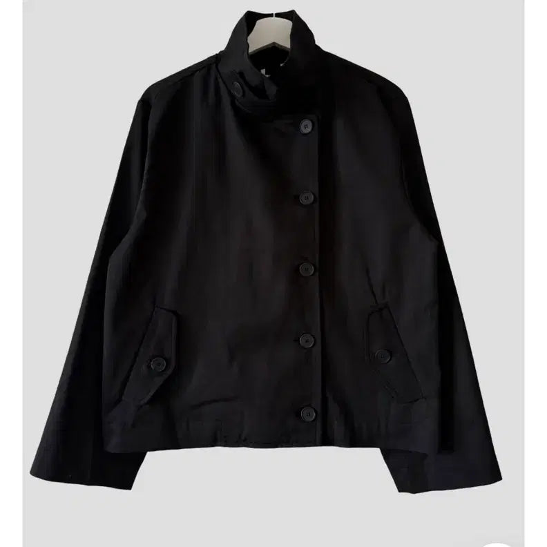 [BUNJANG] Black High-Neck Short Double Trench Coat Jacket / 블랙 하이넥 숏 더블 트렌치코트 자켓