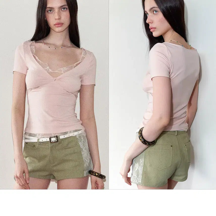 [BUNJANG] TheNeverMore Sexy Lace Patchwork Twist Short Sleeve T-shirt / TheNeverMore 섹시 레이스 패치워크 슬림 꼬임 반팔티