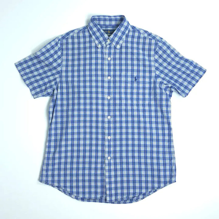 [BUNJANG] Polo Ralph Lauren Seersucker Cotton Short Sleeve Checkered Shirt Navy Check (M) / 폴로 랄프로렌 시어서커 코튼 반팔 체크셔츠 네이비체크 (M)