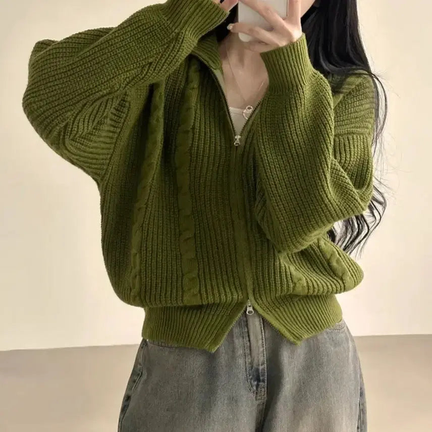 [BUNJANG] Avely Olive Knit Two-Way High Neck Cardigan / 새상품 에이블리 올리브 니트 투웨이 하이넥 가디건