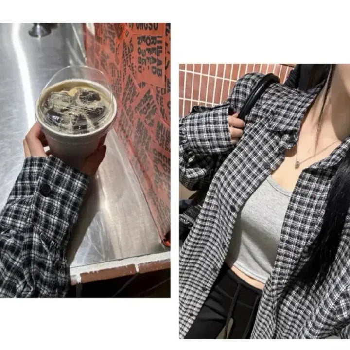[BUNJANG] Overfit Check Long Shirt with Pendant - Blue / 에이블리 오버핏 체크 롱셔츠 포켓 살안타템 펜던트 남방 블루
