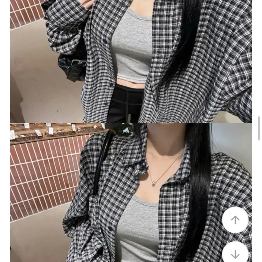 [BUNJANG] Overfit Check Long Shirt with Pendant - Blue / 에이블리 오버핏 체크 롱셔츠 포켓 살안타템 펜던트 남방 블루
