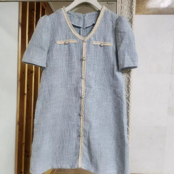 [BUNJANG] Sky Blue Tweed Short Sleeve Mini Dress / 트위드 반팔 원피스 스카이블루