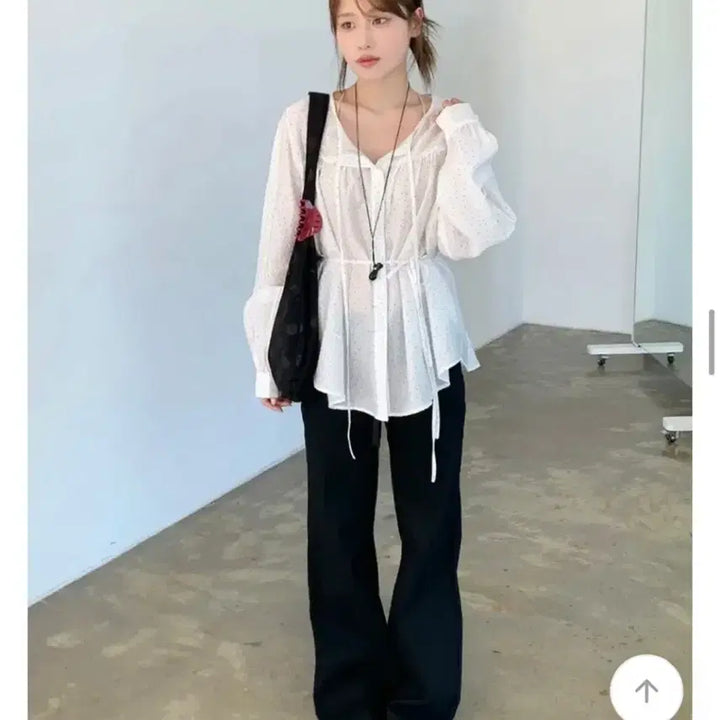 [BUNJANG] 66Girls Dot Shirring Blouse White (Strap Set) / 에이블리 육육걸즈 도트셔링블라우스 화이트(스트랩set)