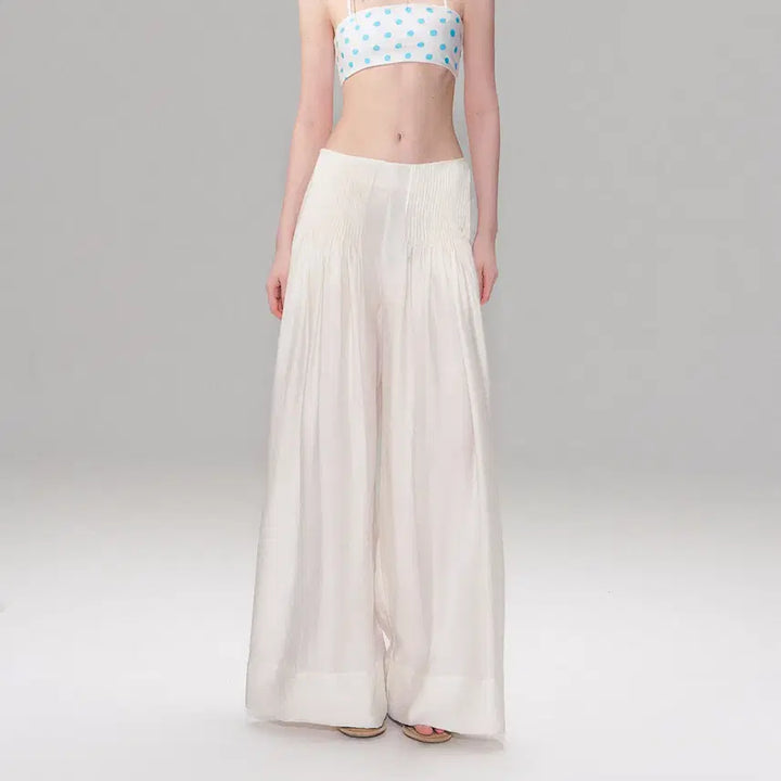 [BUNJANG] TheNeverMore Retro White Pleated Wide Floor Pants / TheNeverMore 레트로 화이트 플리츠 와이드 플로어 팬츠