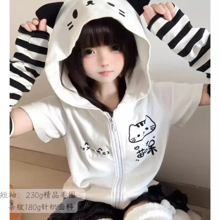 [BUNJANG] Subculture Cat Ear Detachable Sleeve Hoodie / 서브컬처 고양이귀 후드집업 소매 포함