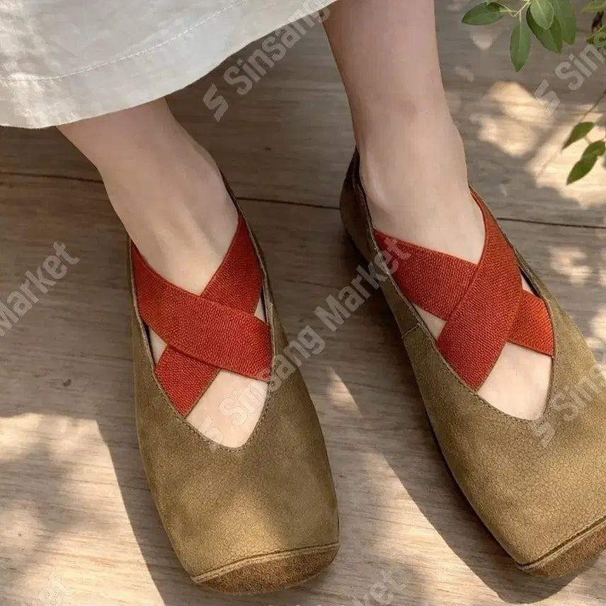 [BUNJANG] Soft Genuine Leather X-Strap Flats / 소가죽  단화