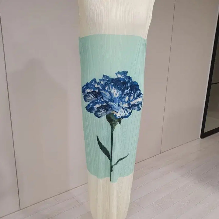 [BUNJANG] Pleated Flower Long Dress Mint Ivory / 플리츠 플라워 롱 원피스 민트 아이보리