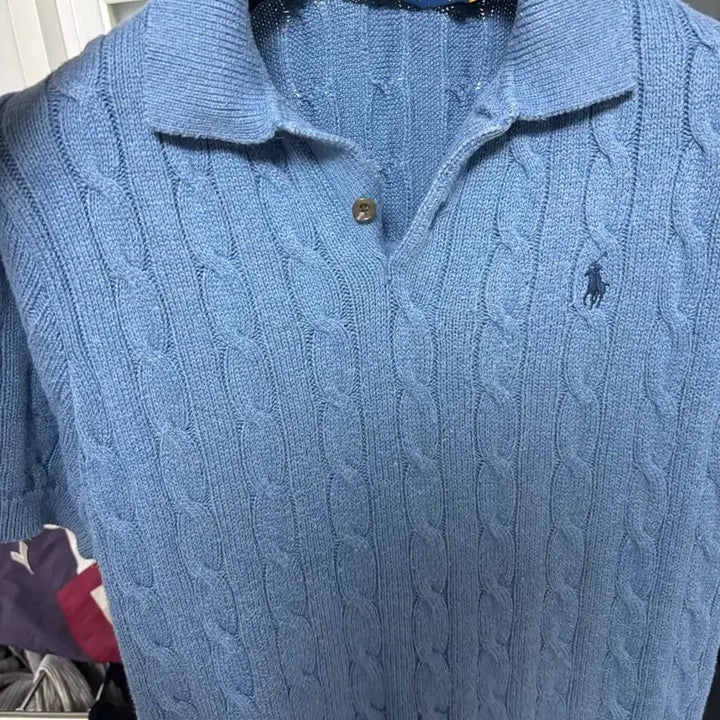 [BUNJANG] Polo Cable Knit Short Sleeve Polo Shirt Blue / 폴로 케이블 니트 반팔 카라티 블루