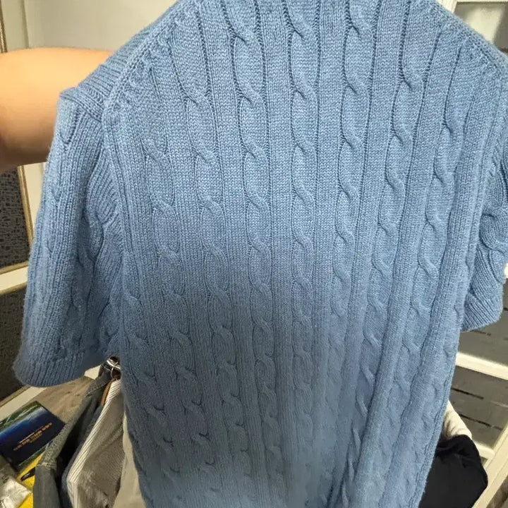 [BUNJANG] Polo Cable Knit Short Sleeve Polo Shirt Blue / 폴로 케이블 니트 반팔 카라티 블루
