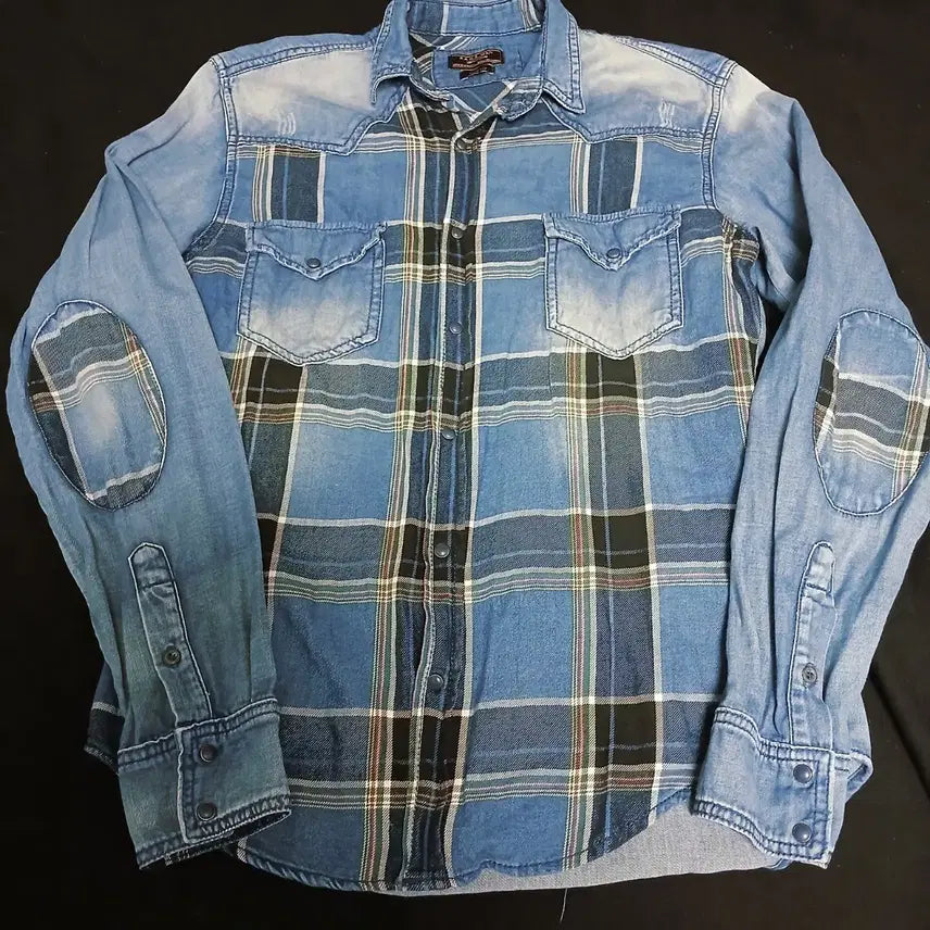 [BUNJANG] Zara Patchwork Vintage Check Denim Shirt / 자라 패치워크 빈티지 체크 데님 셔츠