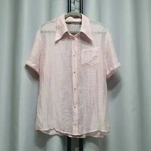 [BUNJANG] Wrinkle Chiffon Blouse / 핑크 반팔 카라 링클 쉬폰 블라우스