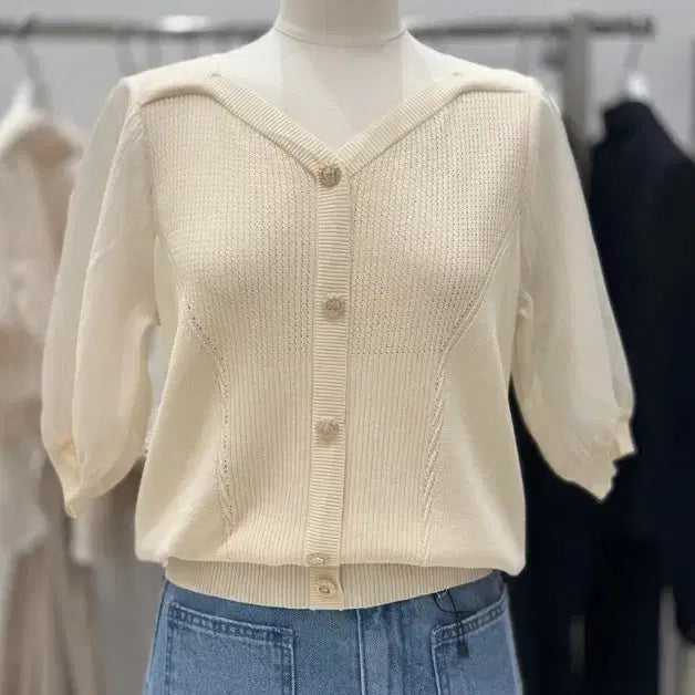 [BUNJANG] Nice Claup Square Neck Organza Summer Short Sleeve Knit Chiffon / (25년구매) 나이스클랍 스퀘어넥 오간자 썸머 여름 반팔 니트 쉬폰