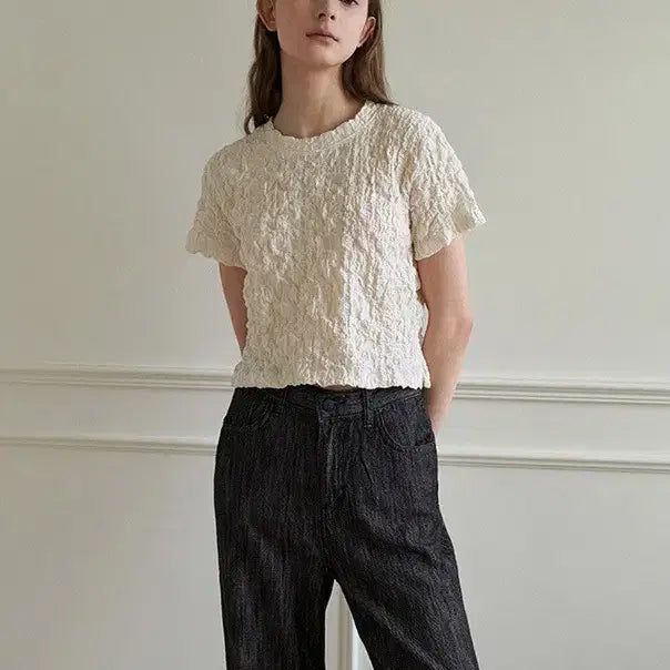 [BUNJANG] ROAIL Wrinkle Crop Short Sleeve T-Shirt Blouse / 로에일 링클 크롭 반팔 티셔츠 블라우스