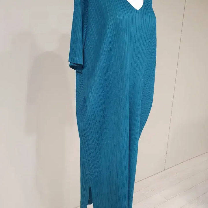 [BUNJANG] Pleated V-Neck Long Dress / 플리츠 V넥 롱 원피스 청록색