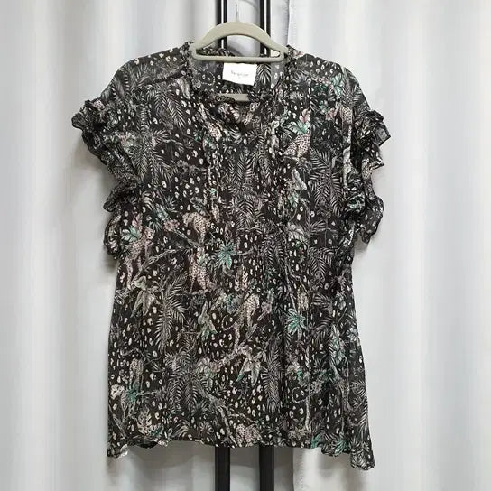 [BUNJANG] Bernice Flower Frill Short Sleeve Chiffon Rayon Blouse / 베르니스 플라워 프릴 반팔 쉬폰 레이온 블라우스