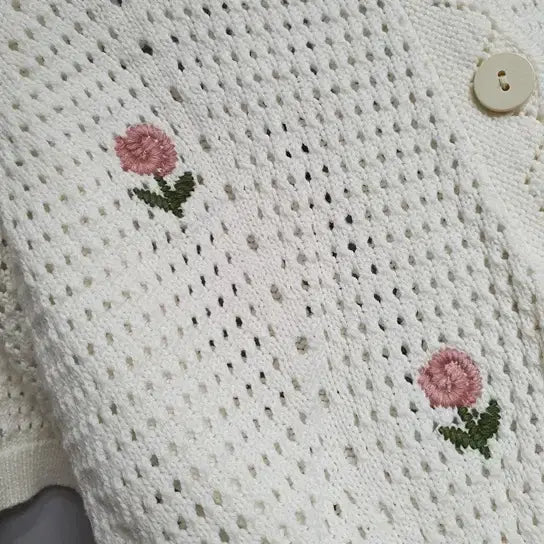 [BUNJANG] Kuose Punch Embroidery Wave Puff Short Sleeve Cardigan / kuose 쿠오세 펀칭 자수 물결 퍼프 반팔 가디건
