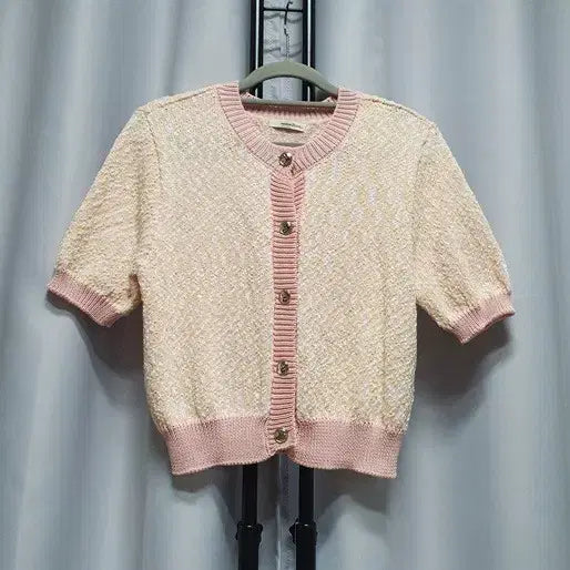 [BUNJANG] Roem Pink Short Sleeve Tweed Crop Cardigan / 로엠 핑크 반팔 트위드 크롭 가디건
