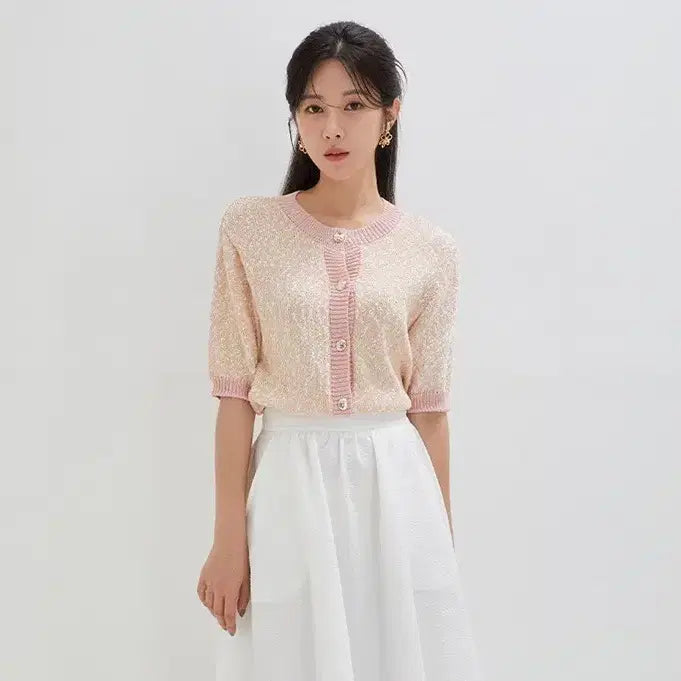 [BUNJANG] Roem Pink Short Sleeve Tweed Crop Cardigan / 로엠 핑크 반팔 트위드 크롭 가디건